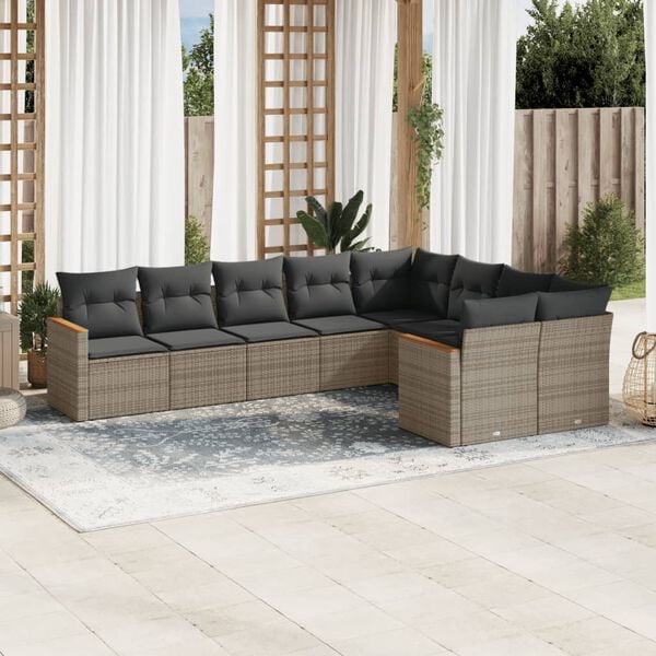 vidaXL Salon de jardin 9 pcs avec coussins gris résine tressée