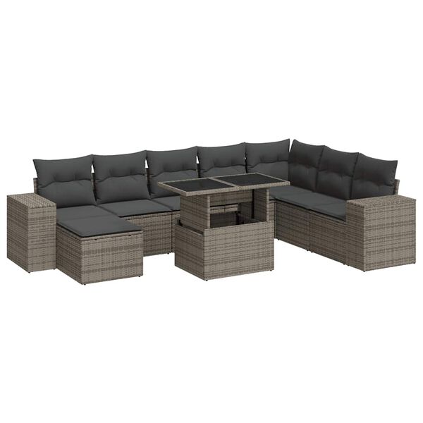 vidaXL Salon de jardin 9 pcs avec coussins gris r&eacute;sine tress&eacute;e