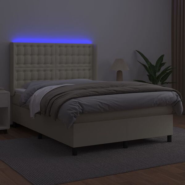 vidaXL Sommier &agrave; lattes de lit matelas LED Cr&egrave;me 140x200 cm Similicuir