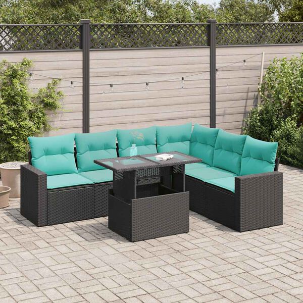 vidaXL Salon de jardin avec coussins 7pcs noir r&eacute;sine tress&eacute;e acacia