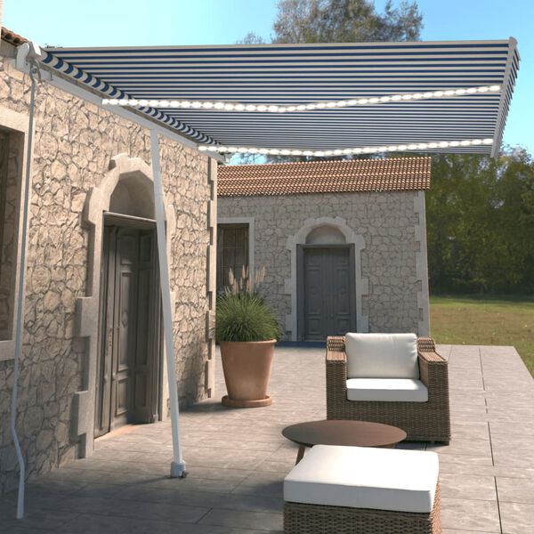 vidaXL Auvent manuel r&eacute;tractable avec LED 350x250 cm Bleu et blanc