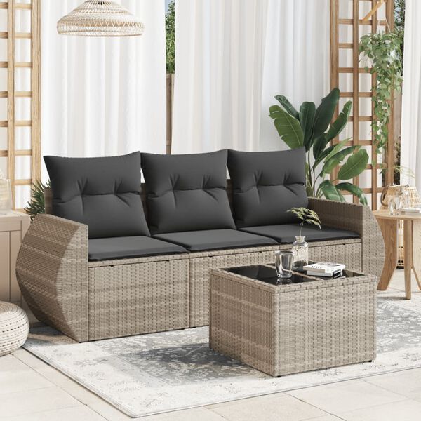 vidaXL Salon de jardin 4 pcs avec coussins gris clair r&eacute;sine tress&eacute;e