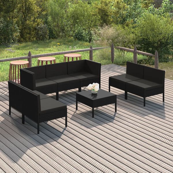 vidaXL Salon de jardin 8 pcs avec coussins r&eacute;sine tress&eacute;e noir