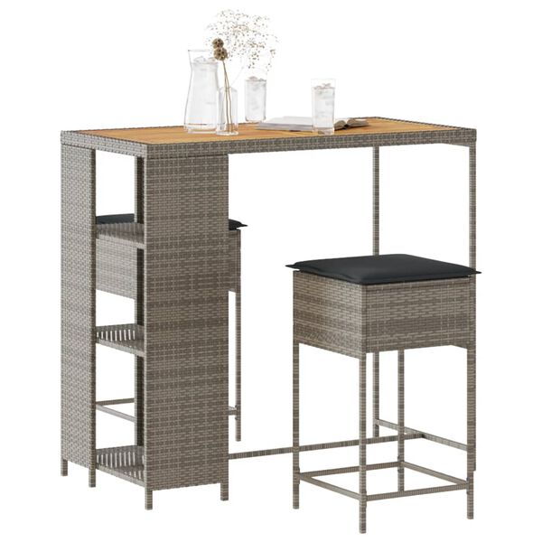 vidaXL Ensemble de bar de jardin 3 pcs et coussins gris r&eacute;sine tress&eacute;e