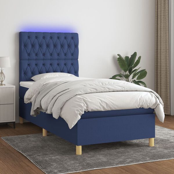 vidaXL Sommier &agrave; lattes de lit et matelas et LED Bleu 100x200 cm Tissu