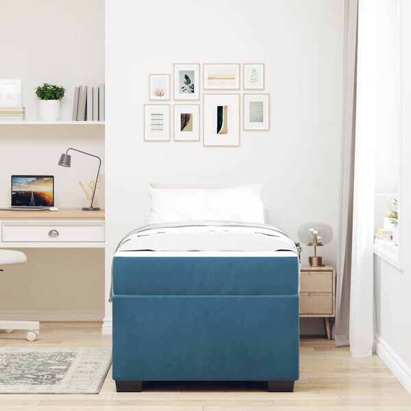 vidaXL Cadre de lit avec matelas Bleu fonc&eacute; 90 x 190 cm tissu
