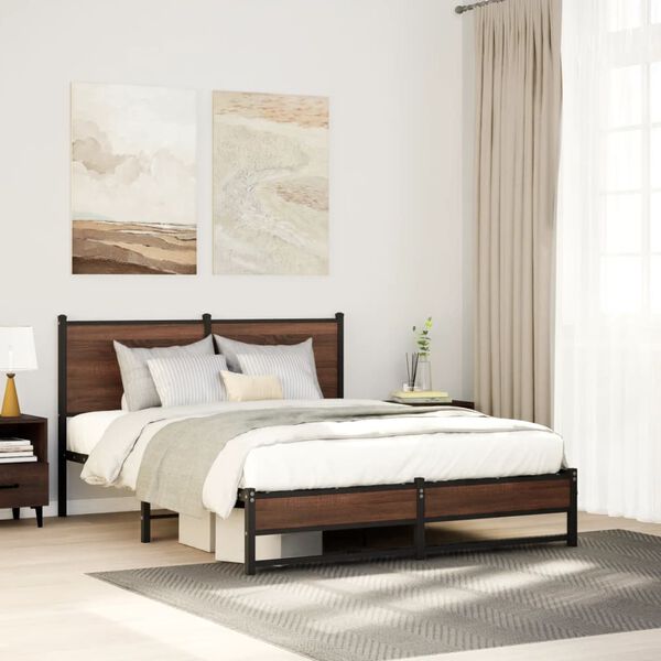 vidaXL Cadre de lit en m&eacute;tal sans matelas ch&ecirc;ne marron 140x200 cm