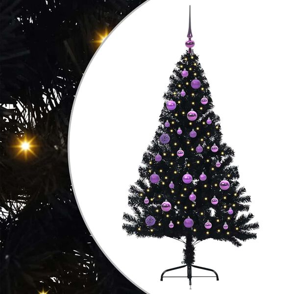 vidaXL Sapin de No&euml;l artificiel pr&eacute;-&eacute;clair&eacute; Noir 150 cm PVC