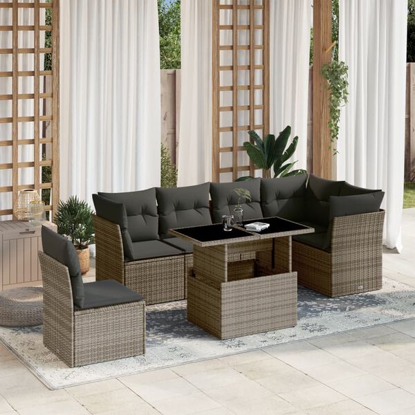 vidaXL Salon de jardin avec coussins 7 pcs gris r&eacute;sine tress&eacute;e