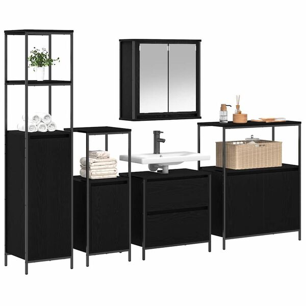 vidaXL Ensemble de mobilier de salle de bain avec &eacute;tag&egrave;re 5 pcs Noir