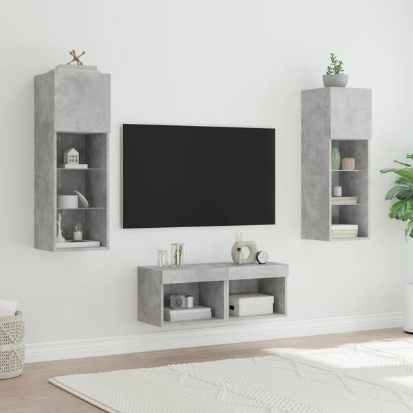 vidaXL Meuble TV muraux 4 pcs avec lumi&egrave;res LED gris b&eacute;ton
