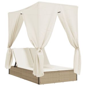 vidaXL Chaise longue double avec toit et rideaux beige r&eacute;sine tress&eacute;e
