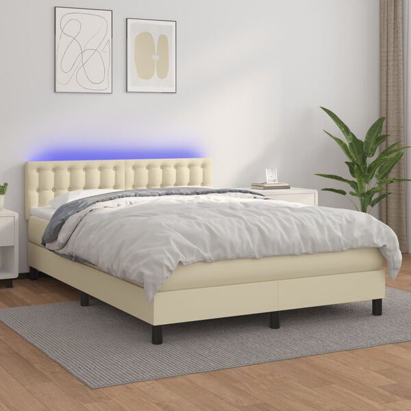 vidaXL Sommier &agrave; lattes de lit avec matelas et LED Cr&egrave;me 140x200 cm