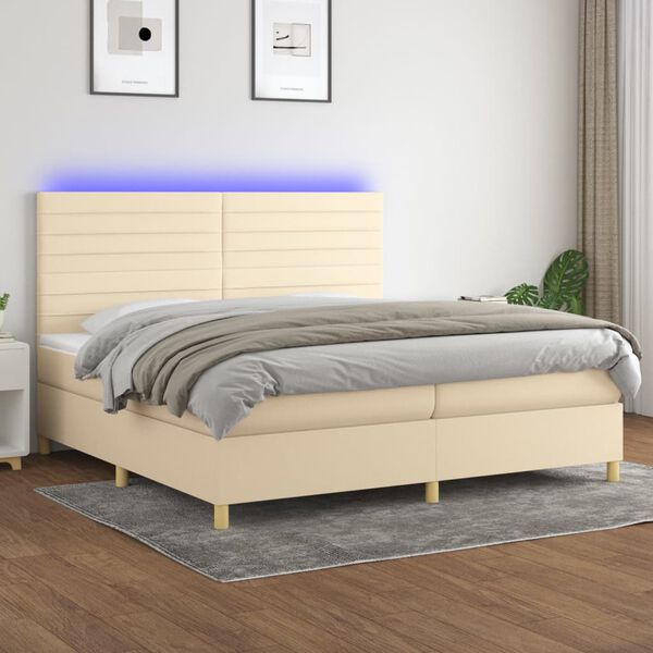 vidaXL Sommier &agrave; lattes de lit et matelas et LED Cr&egrave;me 200x200cm Tissu