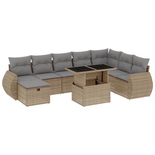 vidaXL Salon de jardin avec coussins 9 pcs beige r&eacute;sine tress&eacute;e