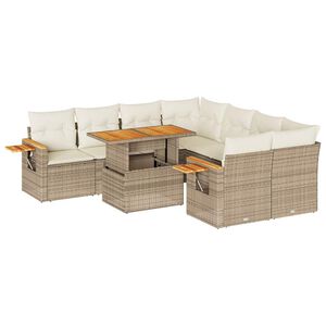 vidaXL Salon de jardin avec coussins 9 pcs beige r&eacute;sine tress&eacute;e acacia