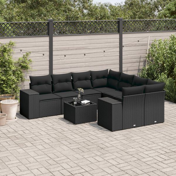vidaXL Salon de jardin 9 pcs avec coussins noir r&eacute;sine tress&eacute;e