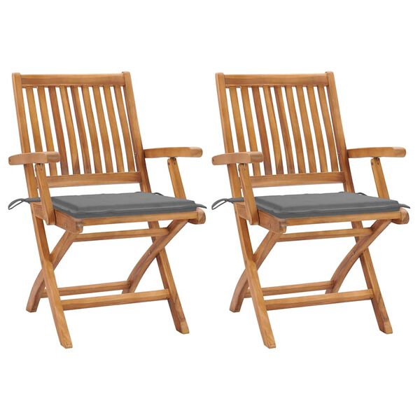 vidaXL Chaises de jardin lot de 2 et coussins gris Bois de teck massif