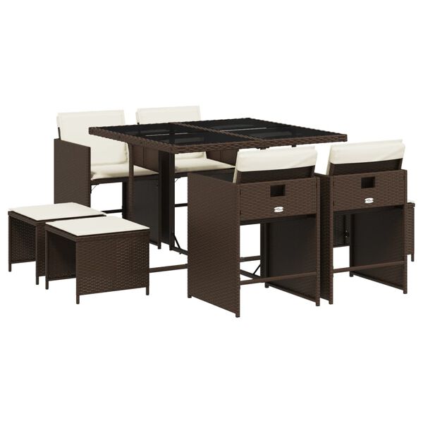 vidaXL Ensemble &agrave; manger de jardin et coussins 9 pcs marron poly rotin