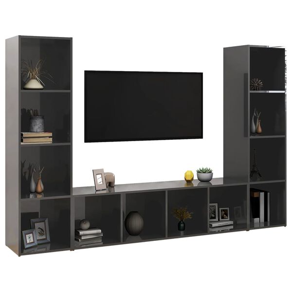 vidaXL Meubles TV 3 pcs Gris brillant 142,5x35x36,5 cm Bois ing&eacute;nierie