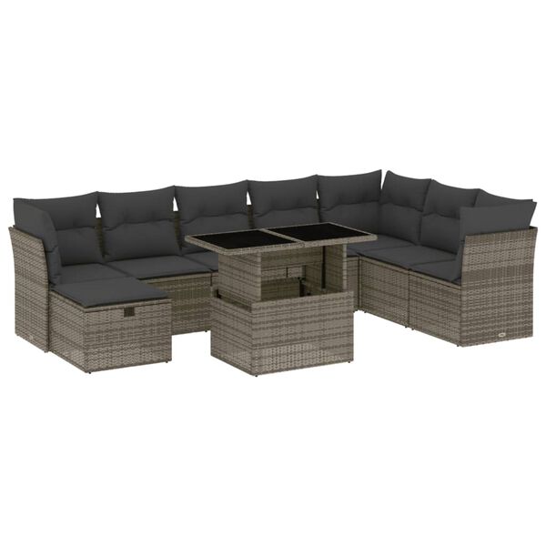 vidaXL Salon de jardin 9 pcs avec coussins gris r&eacute;sine tress&eacute;e