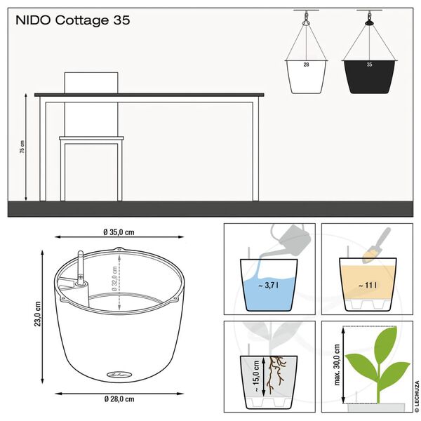 LECHUZA Jardinière suspendue NIDO Cottage 35 ALL-IN-ONE Noir graphite