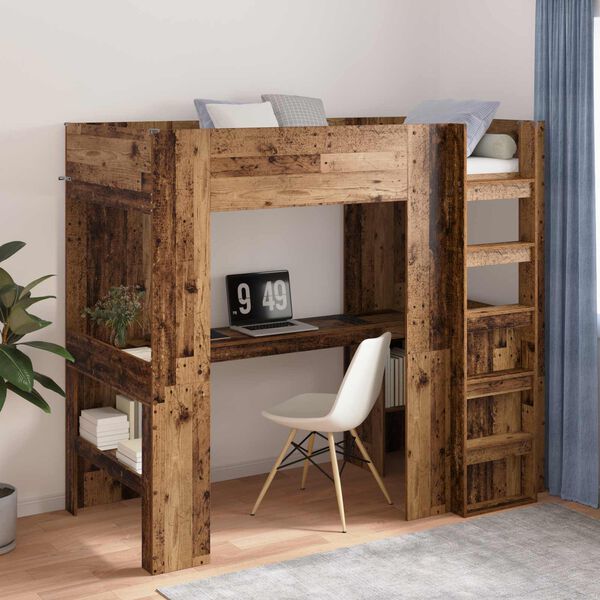 vidaXL Cadre de lit superpos&eacute; avec bureau Bois ancien 98,5 x 200 cm