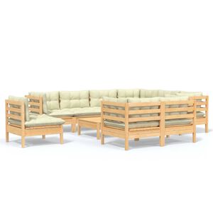 vidaXL Salon de jardin 10 pcs avec coussins cr&egrave;me bois de pin massif