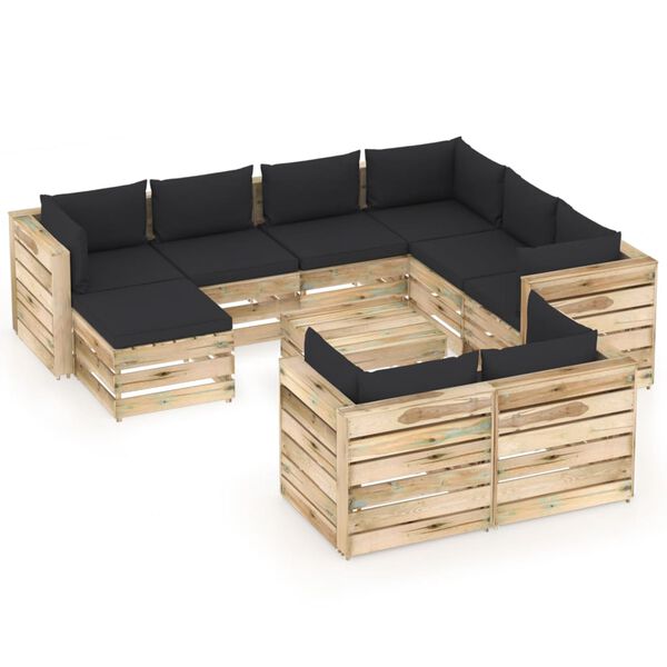 vidaXL Salon de jardin 10 pcs avec coussins Bois impr&eacute;gn&eacute; de vert