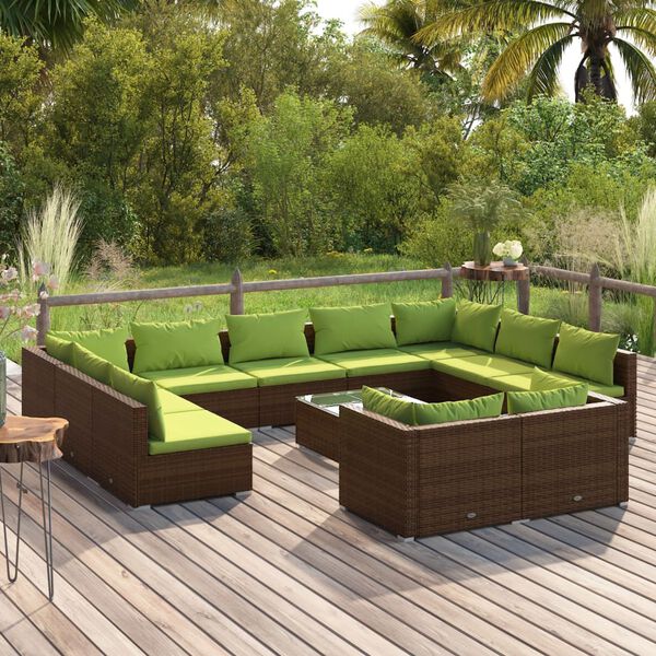 vidaXL Salon de jardin 12 pcs avec coussins Marron Résine tressée