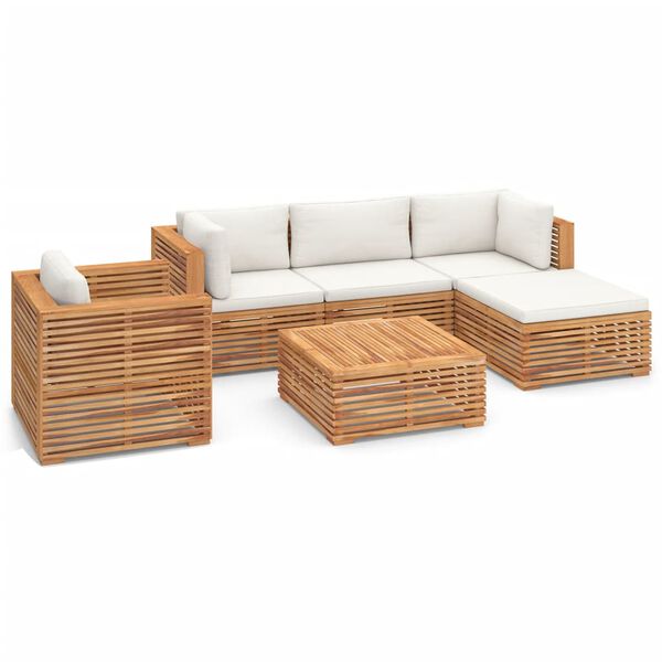vidaXL Salon de jardin 6 pcs avec coussin cr&egrave;me Bois de teck solide