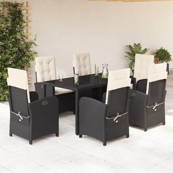 vidaXL Ensemble &agrave; manger de jardin coussins 7pcs Noir R&eacute;sine tress&eacute;e