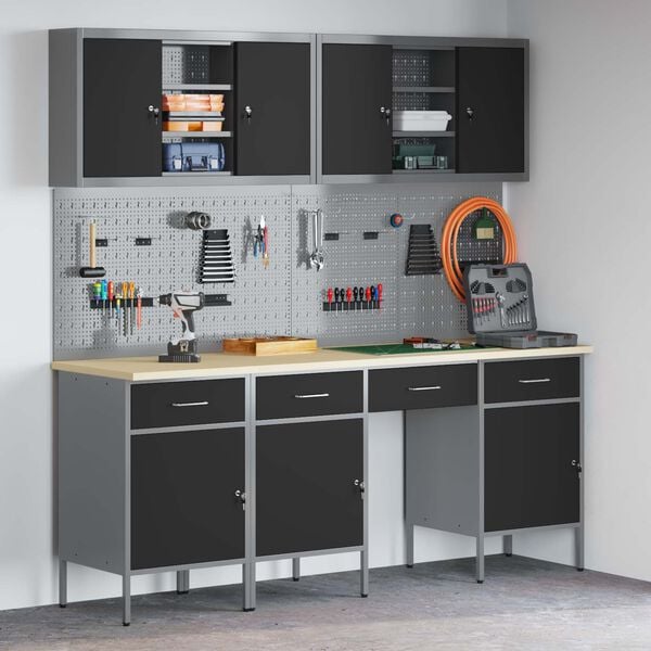 vidaXL Placard de travail 10 pcs Noir Bois d'ing&eacute;nierie et acier