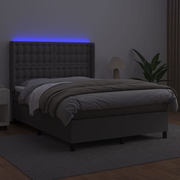 vidaXL Sommier à lattes de lit matelas LED Gris 140x190cm Similicuir