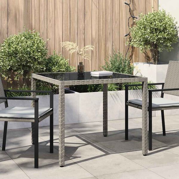 vidaXL Table de jardin 90x90x75 cm Verre trempé et résine tressée Gris