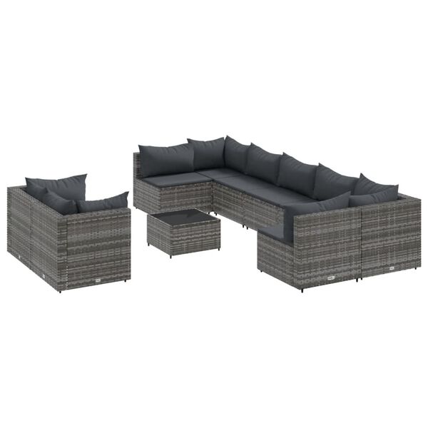 vidaXL Salon de jardin 9 pcs avec coussins gris résine tressée