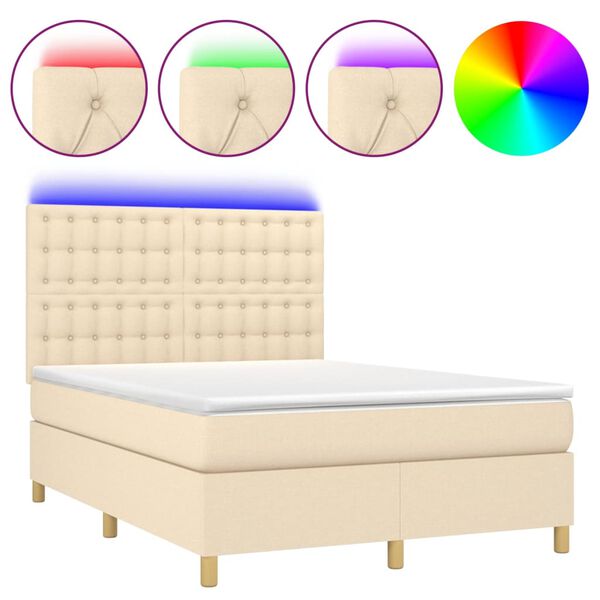vidaXL Sommier &agrave; lattes de lit et matelas et LED Cr&egrave;me 140x200cm Tissu