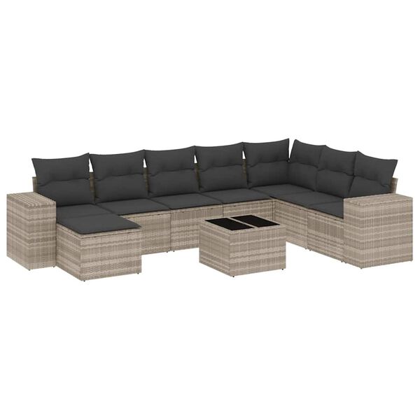 vidaXL Salon de jardin 9 pcs avec coussins gris clair r&eacute;sine tress&eacute;e