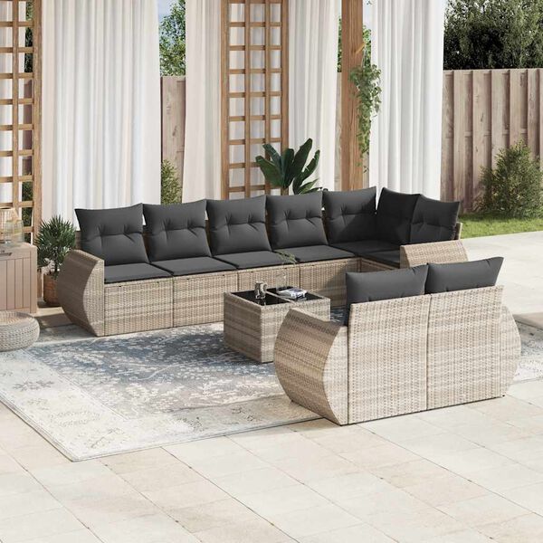 vidaXL Salon de jardin 9 pcs avec coussins gris clair r&eacute;sine tress&eacute;e