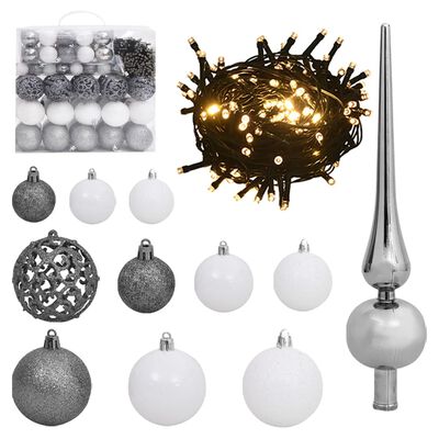 vidaXL Set de boules de Noël avec pic et 300 LED 120 pcs Blanc et gris