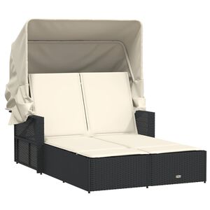 vidaXL Chaise longue double et auvent et coussins noir r&eacute;sine tress&eacute;e