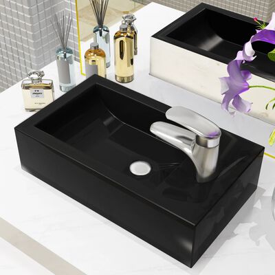 vidaXL Vasque avec trou de robinet Céramique Noir 46 x 25,5 x 12 cm
