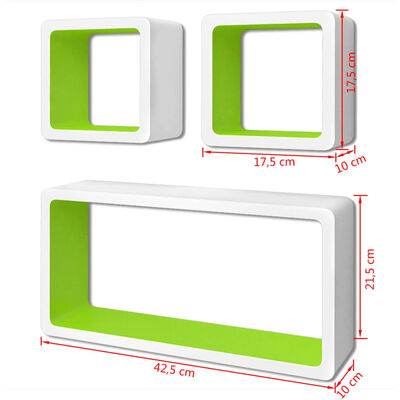 3 Étagères cubes murales et en MDF Blanc-Vert pour DVD/Livres