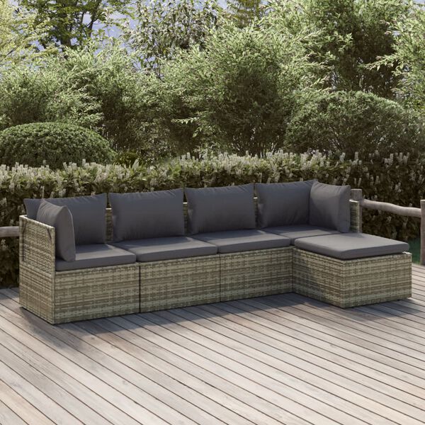 vidaXL Salon de jardin 5 pcs avec coussins Gris Résine tressée