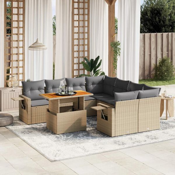 vidaXL Salon de jardin avec coussins 9 pcs beige résine tressée