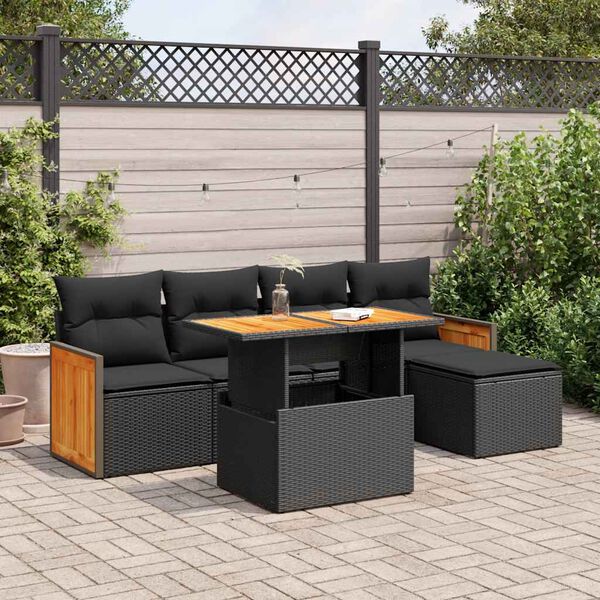 vidaXL Salon de jardin 6 pcs avec coussins noir r&eacute;sine tress&eacute;e acacia