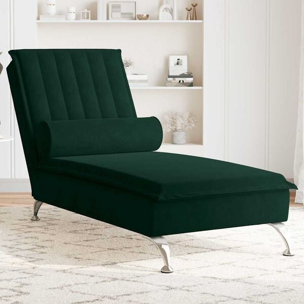 vidaXL Chaise longue de massage avec traversin vert fonc&eacute; velours