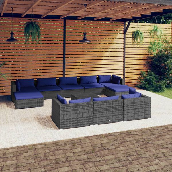 vidaXL Salon de jardin 11 pcs avec coussins Gris R&eacute;sine tress&eacute;e