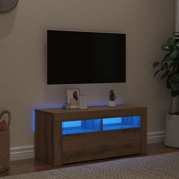 vidaXL Meuble TV avec lumi&egrave;res LED ch&ecirc;ne artisanal bois d'ing&eacute;nierie