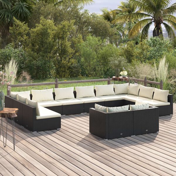 vidaXL Salon de jardin 12 pcs avec coussins Noir R&eacute;sine tress&eacute;e